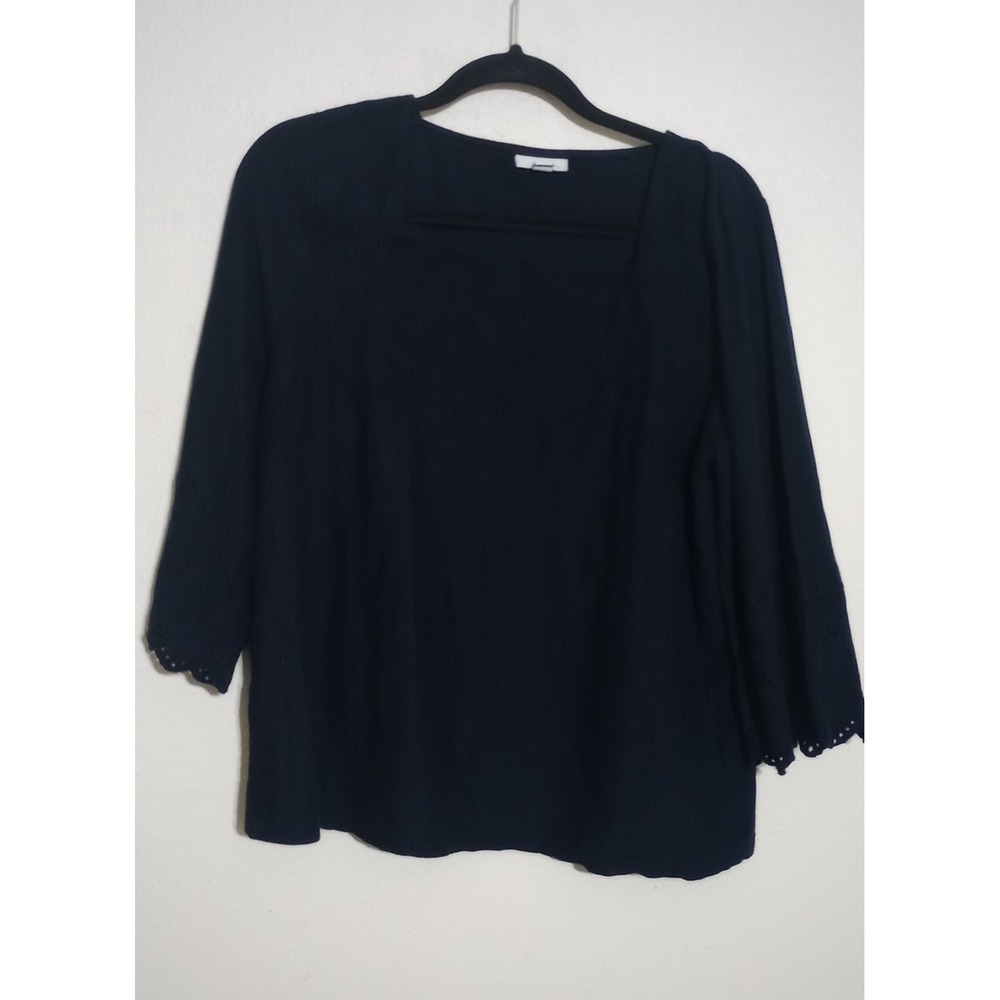 J. Jill Navy Blue Cotton Square Neck Top 3/4 Sleeve Eyelet Scallop Hem Large P